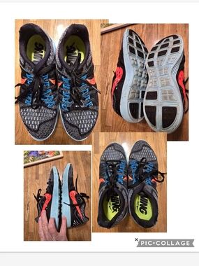 Nike Black and Grey Knit Running Shoes with Blue Laces and Red Swoosh